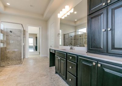 Green cabinets in white bathroom